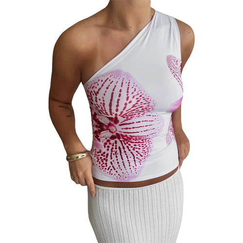 Load image into Gallery viewer, One Shoulder Tank Top for Women Floral Print Sleeveless Backless Vest Cropped T Shirt y2k Aesthetic Clothing Streetwear
