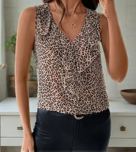 Leopard Print Tank Top y2k Women Clothes Ruffle Trim V Neck Sleeveless Loose Fit T Shirt Vest 2000s Clothing Streetwear