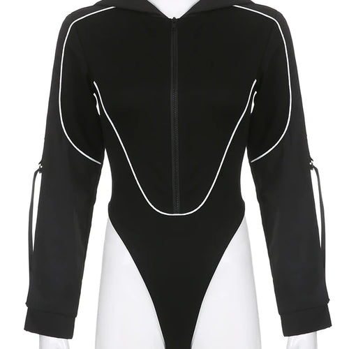 Load image into Gallery viewer, Streetwear Cargo Style Hooded Black Bodysuit Women Stripe Stitching Zipper Bodycon Body Fashion Moto Autumn Jumpsuit
