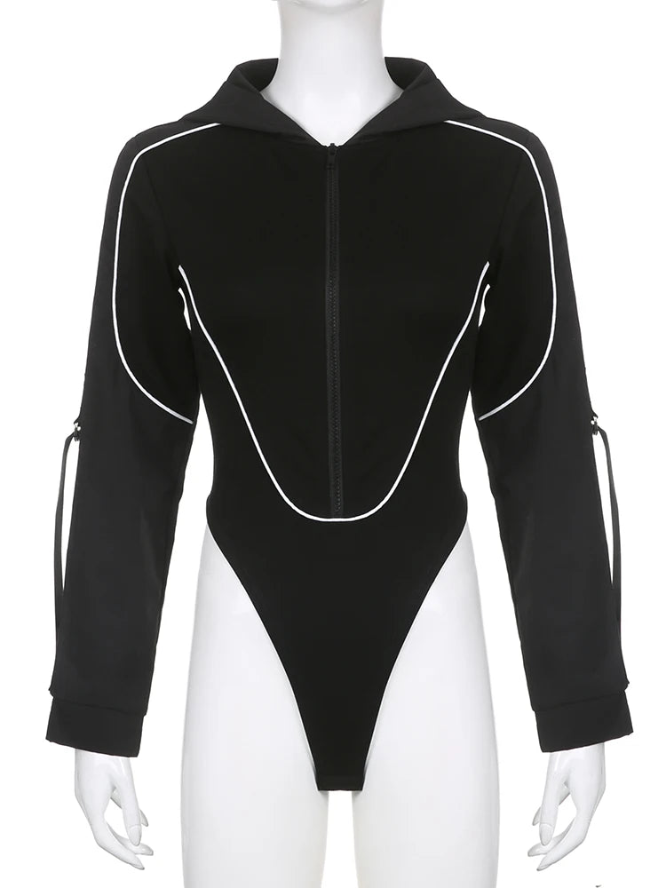 Streetwear Cargo Style Hooded Black Bodysuit Women Stripe Stitching Zipper Bodycon Body Fashion Moto Autumn Jumpsuit