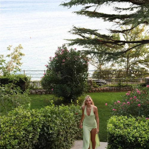 Load image into Gallery viewer, Deep V Neck High Split Maxi Dress For Women Gown Halter Flower Backless Sleeveless Bodycon Knit Long Dress Elegant
