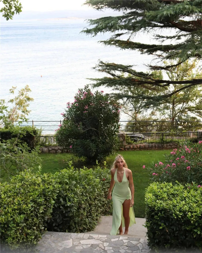 Deep V Neck High Split Maxi Dress For Women Gown Halter Flower Backless Sleeveless Bodycon Knit Long Dress Elegant