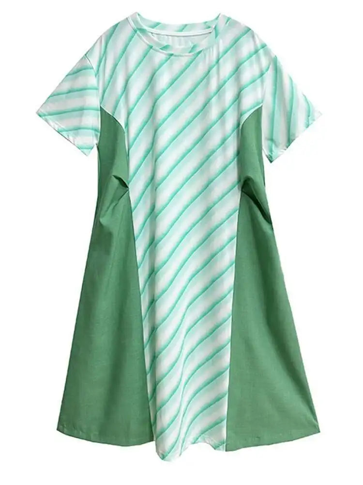 Women Purple Striped Color-block Big Size Dress New Round Neck Short Sleeve Fashion Tide Spring Summer 2025 1DH5420