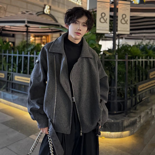 Load image into Gallery viewer, Fashion Men&#39;s Woolen Coats Turn-down Collar Hem Belt Design Solid Color Zipper Menswear Loose Thickened Jackets 9C9357
