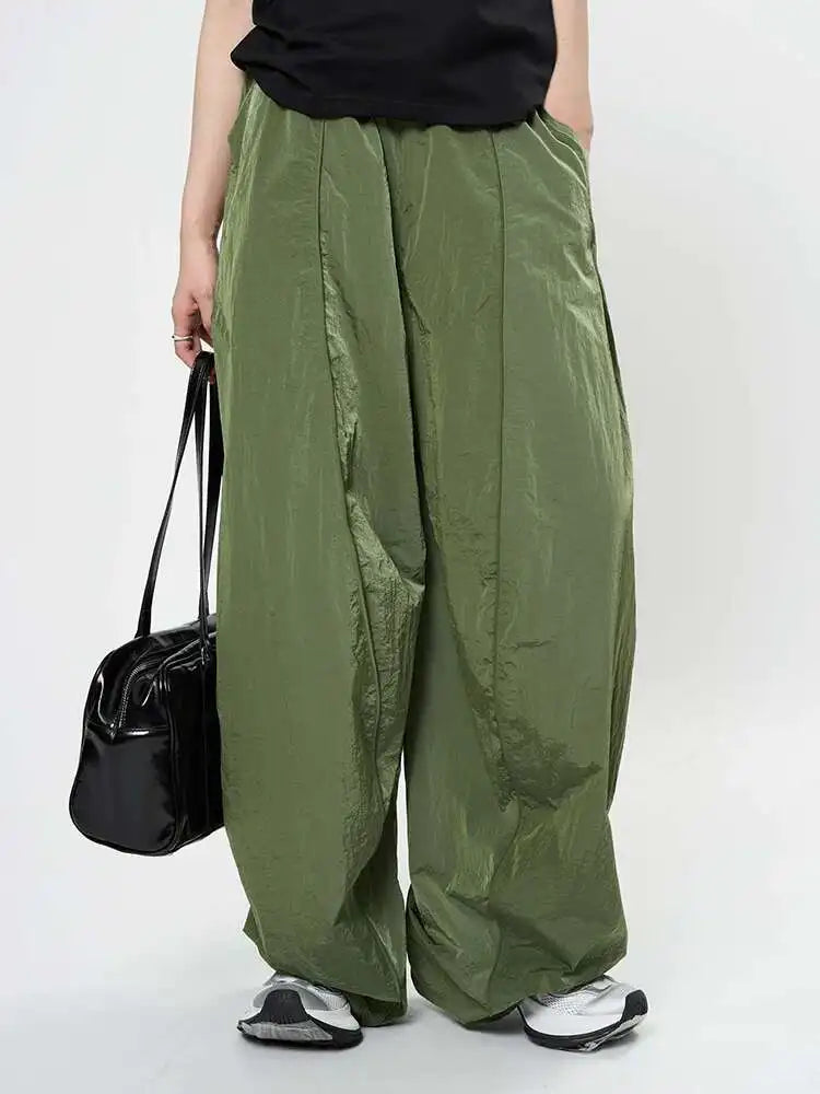 High Elastic Waist Glossy Green Pleated Long Wide Leg Pants New Trousers Women Fashion Tide Spring Autumn 2025 1DH9457