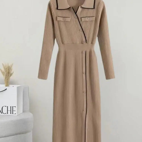 Load image into Gallery viewer, Korean Fashion 2024 Autumn Winter New Office Ladies Patchwork Elegant Long Sleeve Knitted Dress Women Slim Button Dresses Trendy
