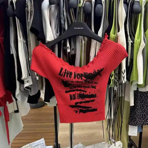 Load image into Gallery viewer, Black Letters Print Short Sleeved Knit T-shirt For Women's 2024 Summer New Red Slim Off Shoulder Lace-up Tops Trend Streetwear
