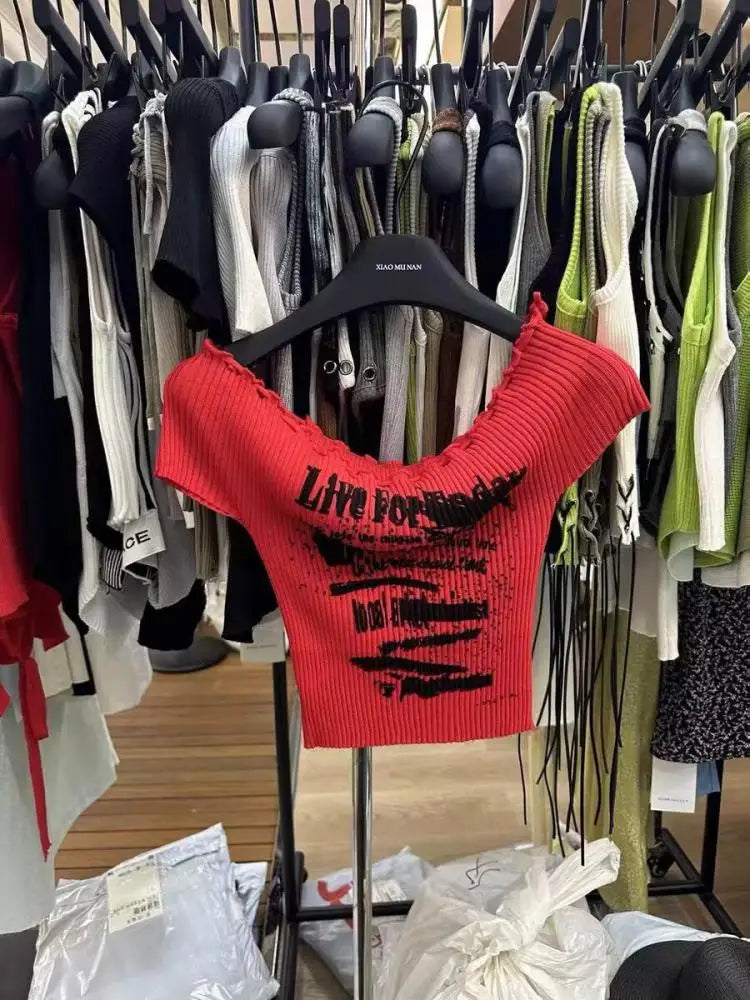 Black Letters Print Short Sleeved Knit T-shirt For Women's 2024 Summer New Red Slim Off Shoulder Lace-up Tops Trend Streetwear