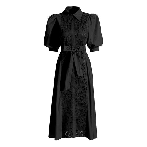 Load image into Gallery viewer, Spliced Lace Up Dresses For Women Lapel Short Sleeve High Waist Embroidery A Line Dress Female Fashion Clothing
