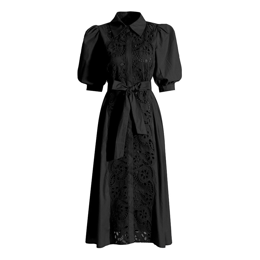 Spliced Lace Up Dresses For Women Lapel Short Sleeve High Waist Embroidery A Line Dress Female Fashion Clothing