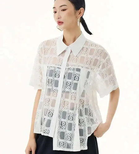 Women White Lace Perspective Big Size Thin Blouse New Lapel Short Sleeve Shirt Fashion Tide Spring Summer 2025 1DH5625