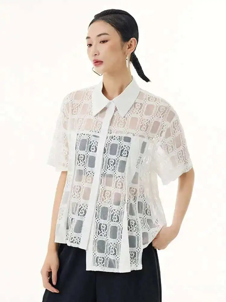 Women White Lace Perspective Big Size Thin Blouse New Lapel Short Sleeve Shirt Fashion Tide Spring Summer 2025 1DH5625