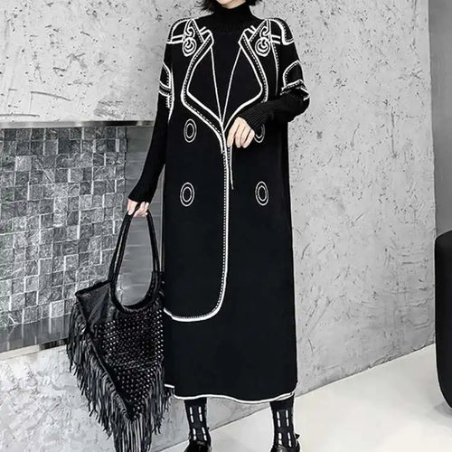 Load image into Gallery viewer, Women Black Pattern Both Side Wear Big Size Sweater Dress New Turtleneck Long Sleeve Fashion Spring Autumn 2025 1DH8332
