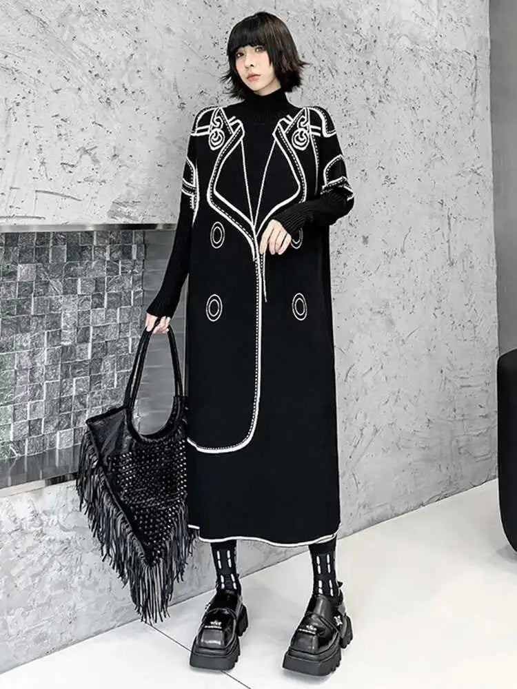 Women Black Pattern Both Side Wear Big Size Sweater Dress New Turtleneck Long Sleeve Fashion Spring Autumn 2025 1DH8332