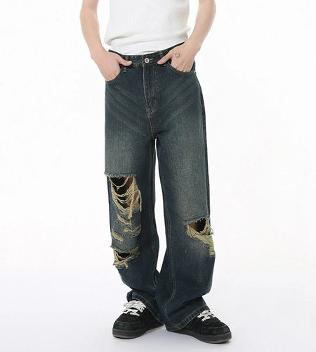 Niche Design Men's Denim Pants Solid Color Holes Worn-out Tassel Decoration Wide Leg Casual Male Straight Bottom New 9W1266