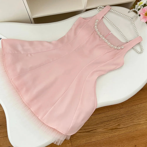 Load image into Gallery viewer, Summer 2024 Retro Pink Mesh Pearl Bead Sleeveless Backless Elegant Sexy Prom Dress Women Clothes Birthday Party Slip Short Dress
