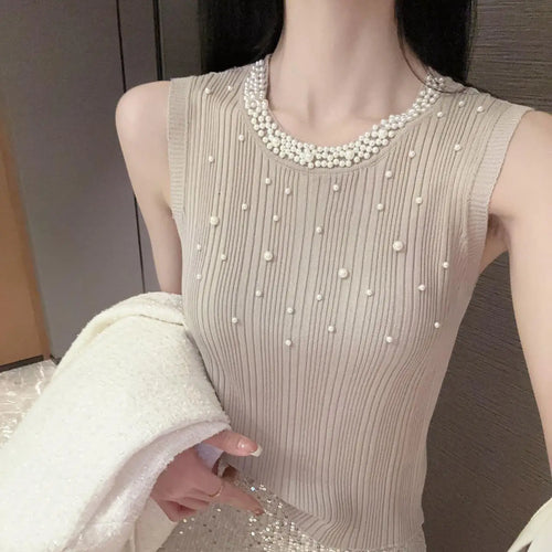 Load image into Gallery viewer, Vintage Solid Pearl Beaded Vest Women Sexy Club Elegant Chic Knitwear 2024 Summer Sleeveless O-neck Slim Tank Tops Popular Trend
