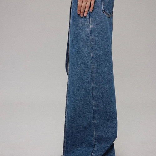 Load image into Gallery viewer, Loose Design Sense Minimalist Jeans for Women High Waist Spliced Pockets Fashion Wide Leg Jean Female Clothing New
