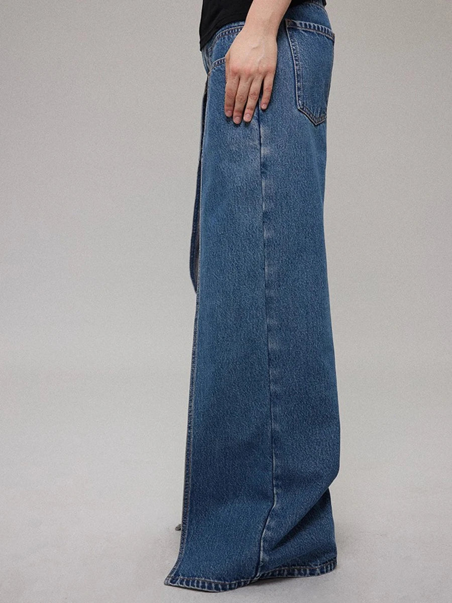 Loose Design Sense Minimalist Jeans for Women High Waist Spliced Pockets Fashion Wide Leg Jean Female Clothing New