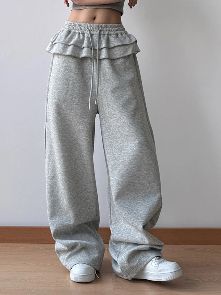 High Elastic Waist Gray Ruffles Drawstring Wide Leg Pants New Trousers Women Fashion Tide Spring Autumn 2025 1DH9617
