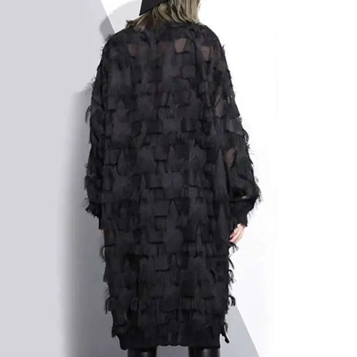 Load image into Gallery viewer, Spring Autumn Stand Collar Long Sleeve Perspective Black Loose Tassels Big Size Dress Women Fashion Tide JI780
