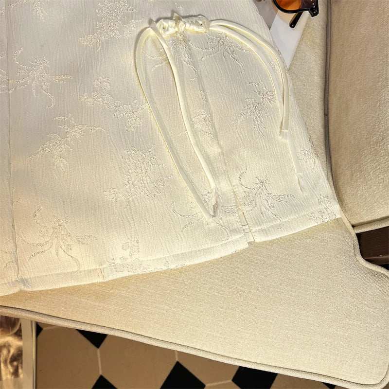 Retro Women's Black Button Up Jacquard Mini Skirts Vintage White High Waist Elegant Chinese Style A-line Short Skirt Summer 2024