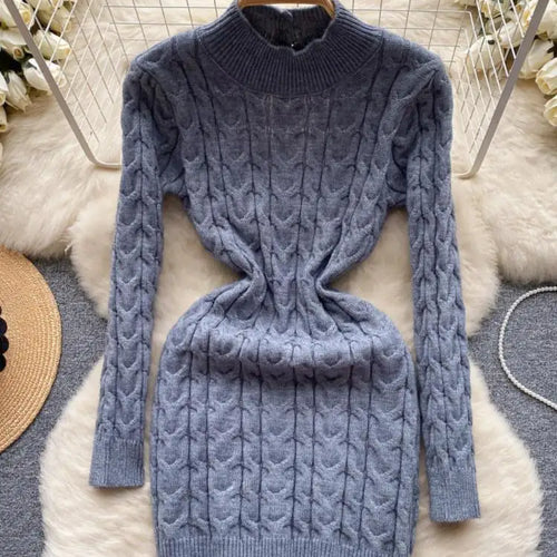 Load image into Gallery viewer, French Black White Hollow Out Backless Knitted Mini Dress Women Autumn Gray New Office Long Sleeves Twisted Sweater Short Dress
