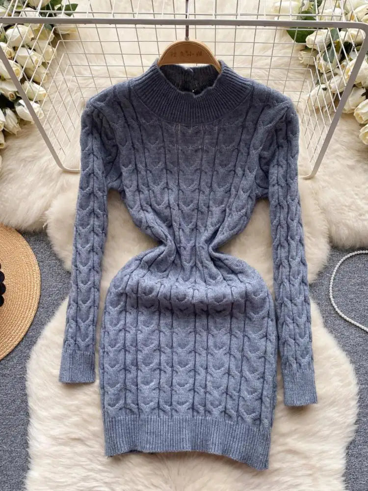 French Black White Hollow Out Backless Knitted Mini Dress Women Autumn Gray New Office Long Sleeves Twisted Sweater Short Dress