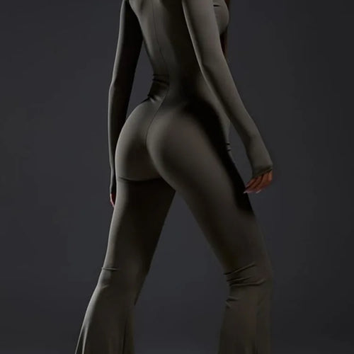 Load image into Gallery viewer, Autumn/Winter Long Sleeve Zipper Skinny Jumpsuit Women Elastic Tight Flare Playsuit Female Fashion Casual Sports Rompers
