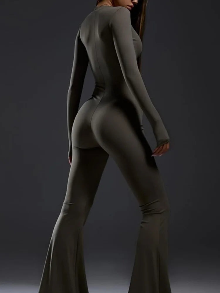 Autumn/Winter Long Sleeve Zipper Skinny Jumpsuit Women Elastic Tight Flare Playsuit Female Fashion Casual Sports Rompers