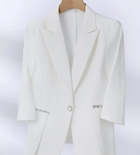 Spring Women Black White Diamond Seven Quarter Sleeve Double Breasted Blazer Coat Blue Khaki Slim Business Office Work Short Top