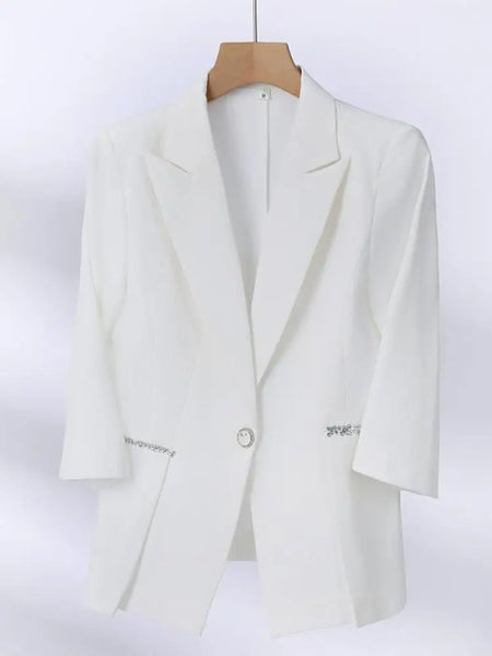 Spring Women Black White Diamond Seven Quarter Sleeve Double Breasted Blazer Coat Blue Khaki Slim Business Office Work Short Top