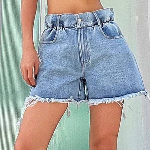 Load image into Gallery viewer, Solid Tassel Hem Shorts For Women High Waist Minimalist Denim Short Pants Female Summer Fashion Clothing
