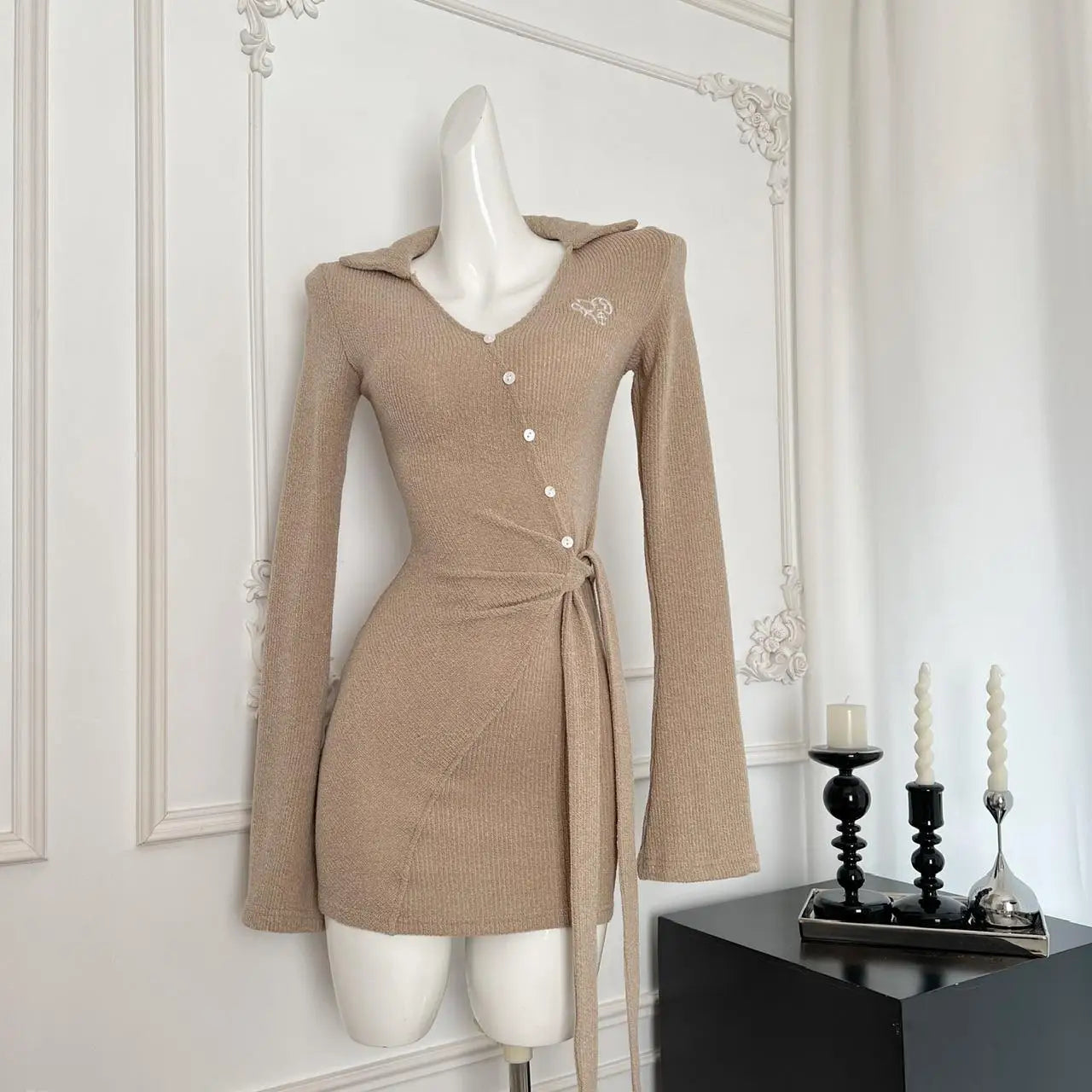 Korean Brown V-neck Temperament Office Long Sleeve Button Bandage Short Dress For Women 2024 Autumn White New Knitted Mini Dress