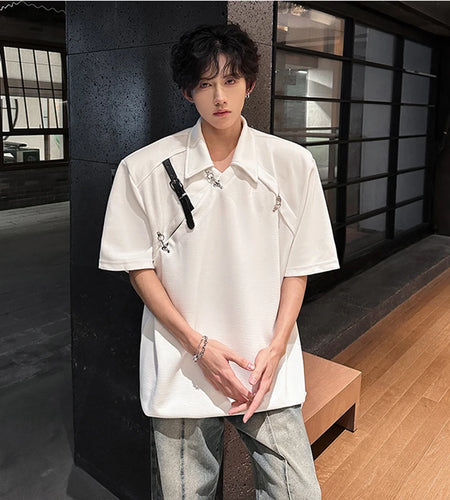 Men's T-shirts New Korean Style Metal Belt Buckle Design Shoulder Pad Trendy Turn-down Collar Stylish Male Tops 9W1917