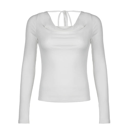 Load image into Gallery viewer, Fashion Chic Slash Neck T shirt Women Long Sleeve Slim White Elegant Autumn Tee Shirts Backless Tie Up Top All-Match
