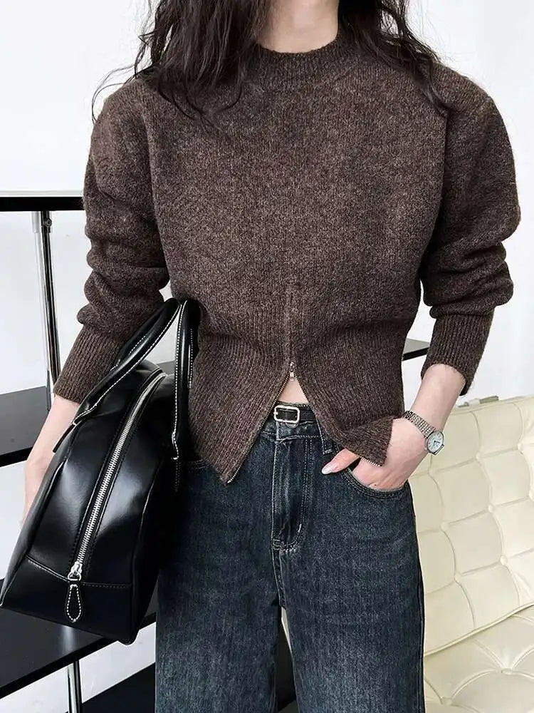 Gray Hen Zipper Big Size Knitting Sweater Round Neck Long Sleeve Women Pullovers New Fashion Spring Autumn 2025 1DH1073