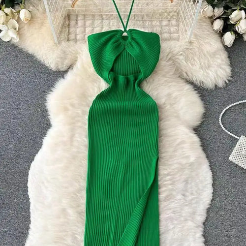 Load image into Gallery viewer, Korean Women's Solid Elegant Sexy Club Slim Wrapped Hip Halter Lace-up Split Long Dress Summer Vacation Knitted Party Dress Chic
