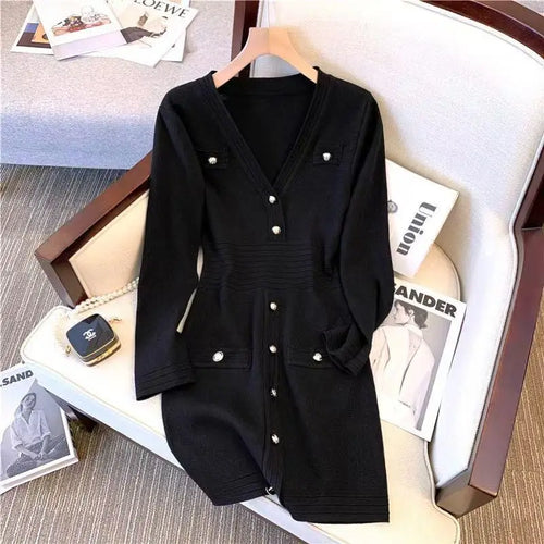 Load image into Gallery viewer, Spring French Black Temperament V Neck Long Sleeve Button Dress Women White Pink Patchwork Office Wrap Hip Knit Short Dress Chic
