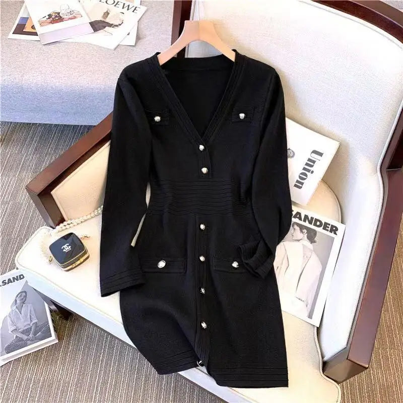 Spring French Black Temperament V Neck Long Sleeve Button Dress Women White Pink Patchwork Office Wrap Hip Knit Short Dress Chic