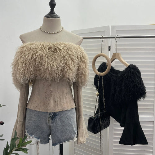 Load image into Gallery viewer, Y2k Aesthetic Vintage Fur Patchwork Bodycon Tees Harajuku Women Slash Neck Grunge T-shirt Streetwear Fairy Hole Cropped Tshirt
