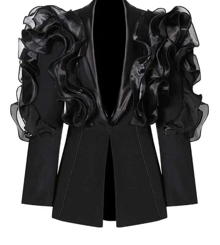 Women Black Ruffles Shaped Elegant Slim Blazer New Lapel Long Sleeve Jacket Fashion Tide Spring Autumn 2025 7AB8042