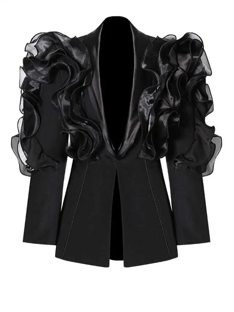 Women Black Ruffles Shaped Elegant Slim Blazer New Lapel Long Sleeve Jacket Fashion Tide Spring Autumn 2025 7AB8042