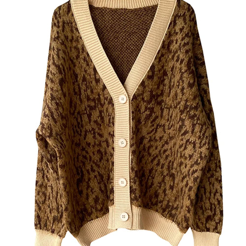 Load image into Gallery viewer, Spring Leopard Patchwork Cardigan Single Breasted Oversized Jacket Loose Warm Knitted Cardigan for Women C-047
