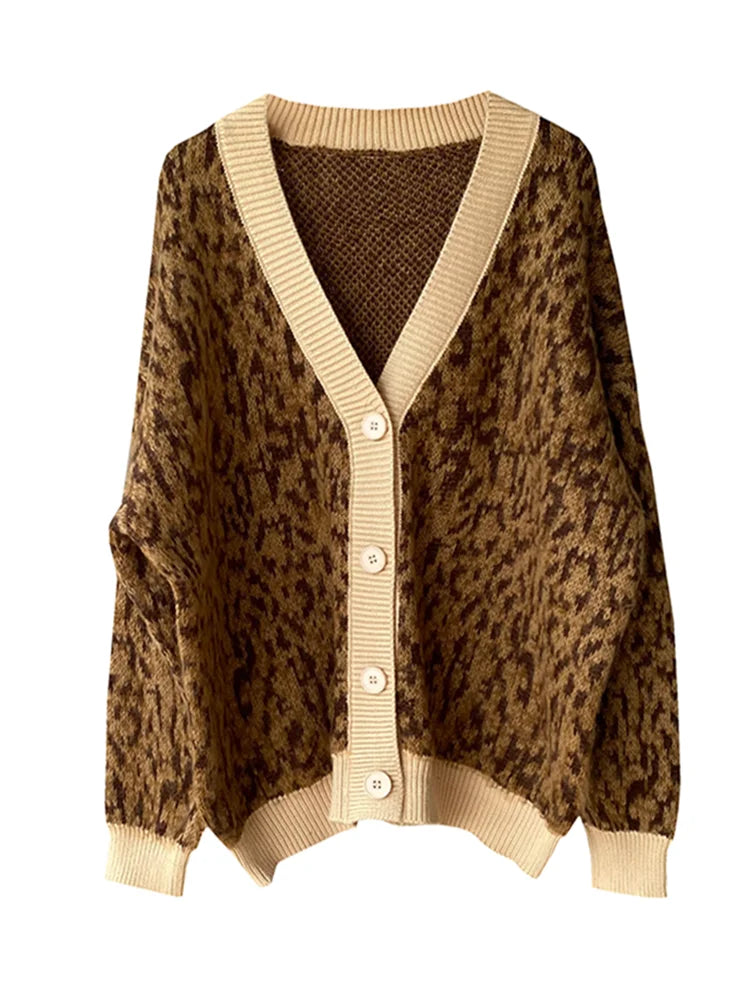 Spring Leopard Patchwork Cardigan Single Breasted Oversized Jacket Loose Warm Knitted Cardigan for Women C-047