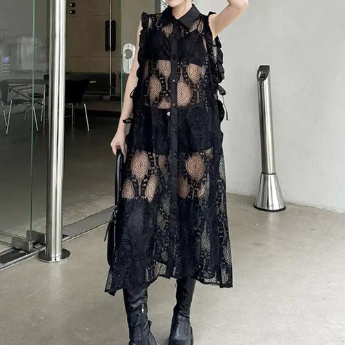 Load image into Gallery viewer, Women White Lace Perspective Ruffles Big Size Shirt Dress New Lapel Sleeveless Fashion Tide Spring Summer 2025 1DH6069
