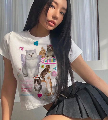 Y2k Aesthetics Crop Top Kawaii Cat Print T-shirt 2000s Cute Kitty Short Sleeve Tee Shirt Harajuku Fairycore Tshirt Sweet