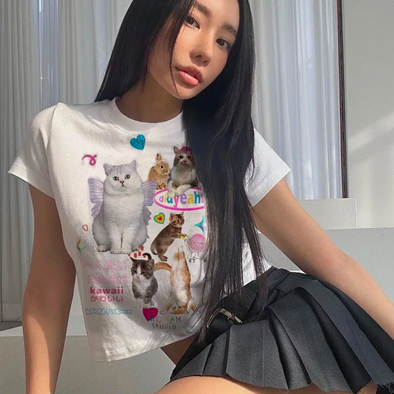 Y2k Aesthetics Crop Top Kawaii Cat Print T-shirt 2000s Cute Kitty Short Sleeve Tee Shirt Harajuku Fairycore Tshirt Sweet