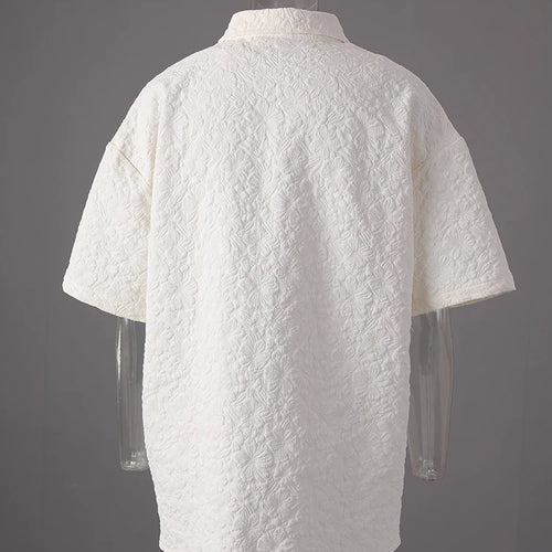 Load image into Gallery viewer, Women Beige Jacquard 3d Flower Big Size Elegant Blouse New Lapel Short Sleeve Shirt Fashion Spring Summer 2025 CPG3212
