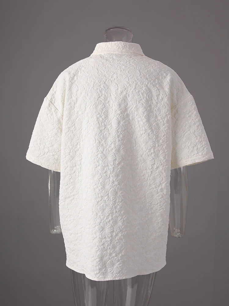 Women Beige Jacquard 3d Flower Big Size Elegant Blouse New Lapel Short Sleeve Shirt Fashion Spring Summer 2025 CPG3212